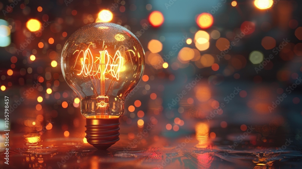 Aufkleber glowing lightbulb on dark background with bokeh lights.