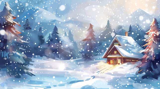 Watercolor Art of a Cozy Ski Lodge in a Snowy Forest at Dusk Concept of Winter Adventure, Alpine Retreat, Peaceful Nature, Serene Scenery