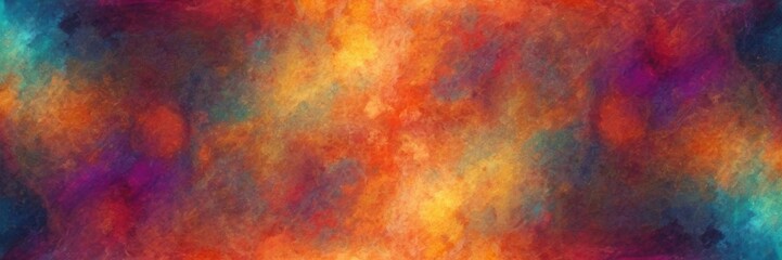 an abstract artwork featuring a blend of vibrant colors. It includes shades of red, orange, yellow, blue, and purple, creating a textured and dynamic pattern