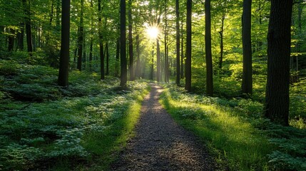 Sunlight piercing through dense forest trees onto path
