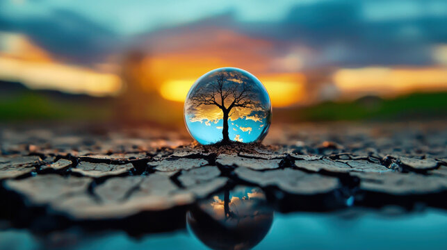 water droplet reflects tree and sky on cracked ground, symbolizing nature resilience. vibrant colors evoke sense of hope and beauty in fragile environment