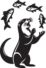 Naklejka premium Playful otter juggling fish black silhouette vector