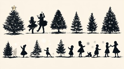 Design black silhouette illustrations of cute Christmas Holly in various activities ,with bold lines and simple design, placed on a white background 