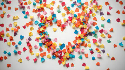 A hand-drawn heart made of colorful paper confetti, isolated on white