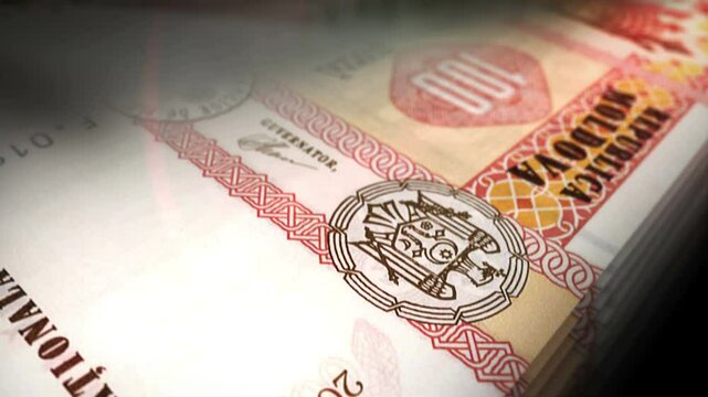 Moldova money Moldavian Lei counting. 100 MDL banknotes. Fast cash note count macro loop. Business, finance and economy. Loopable and seamless concept.