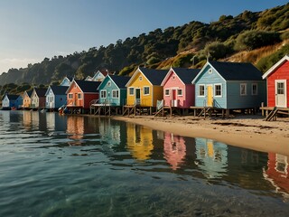 Fototapeta premium Colorful seaside cottages along a sandy beach, with boats in the calm bay on a sunny day.
