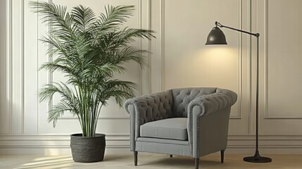 Gray Armchair Plant Floor Lamp Interior Design