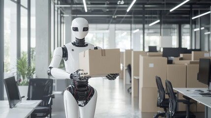 Futuristic Robot in Modern Office Environment Carrying Package Among Cardboard Boxes, Symbolizing Automation and Technology Advancements in Workspaces