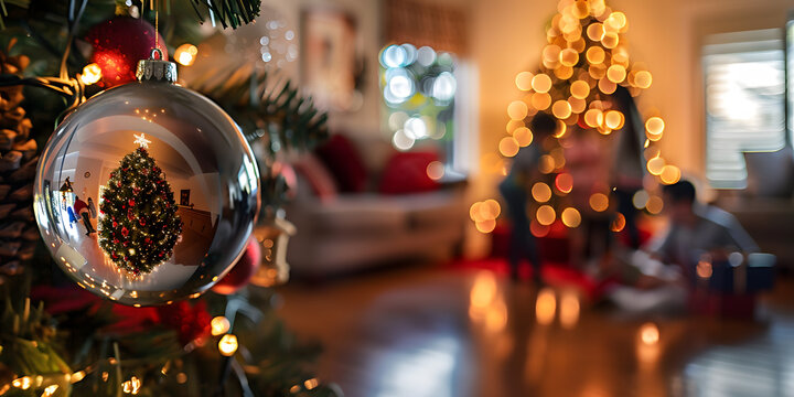 Esfera de navidad enfocada y al fondo ni&ntilde;os abriendo regalos