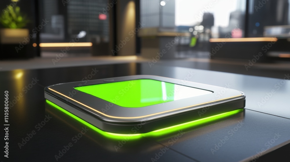 Poster modern touchscreen device on a table in a bright office environment with green display, showcasing i