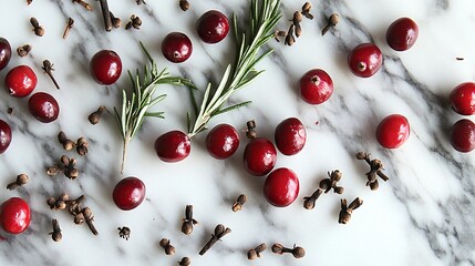 Cranberries scattered on a marble surface, surrounded by rosemary sprigs and cloves