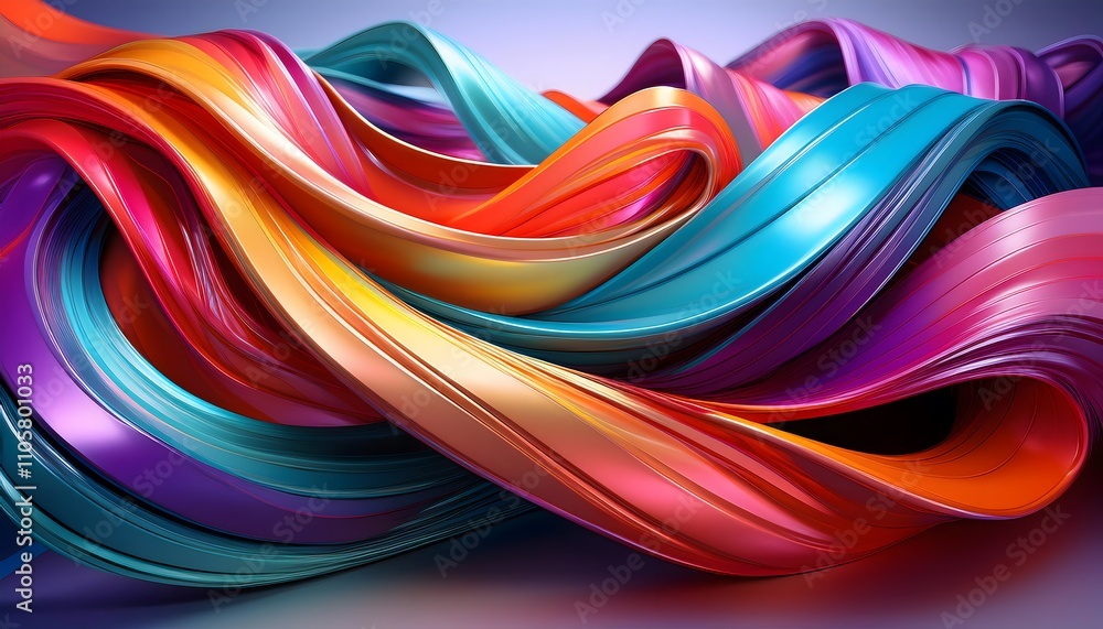 Poster smooth flowing colored ribbons creating vibrant waves in a futuristic digital environment