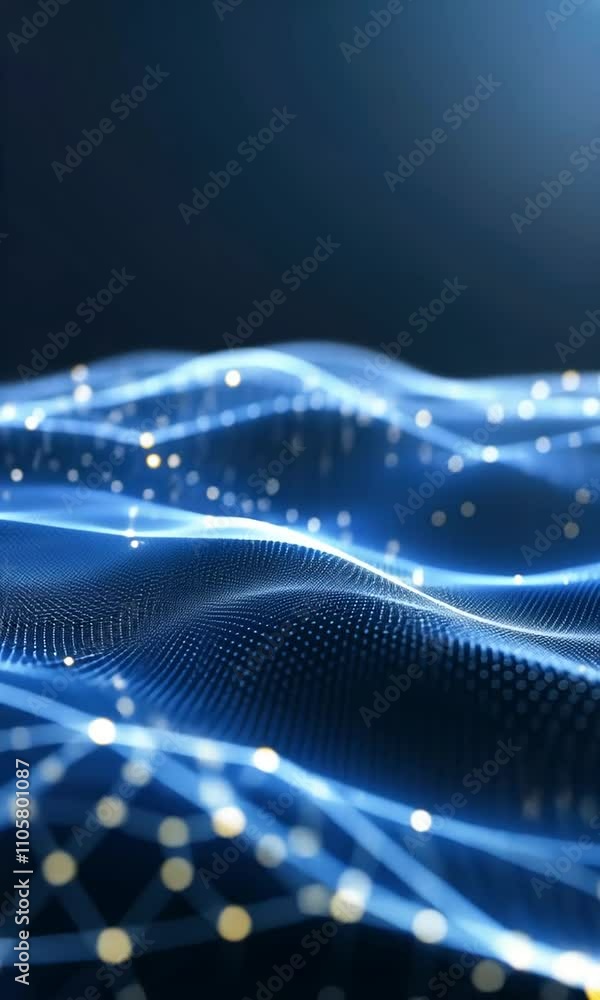 Poster an abstract visualization shows flowing waves of blue light filled with sparkling particles moving g