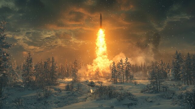 Intercontinental ballistic missile launches from a snowy missile silo amidst flames and smoke in a dramatic winter landscape