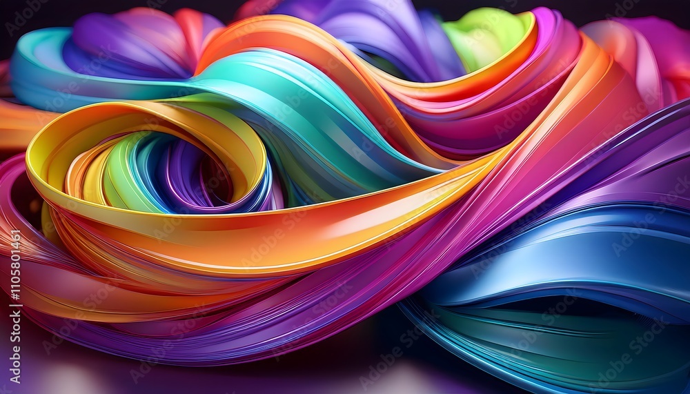 Poster smooth flowing colored ribbons creating vibrant waves in a futuristic digital environment