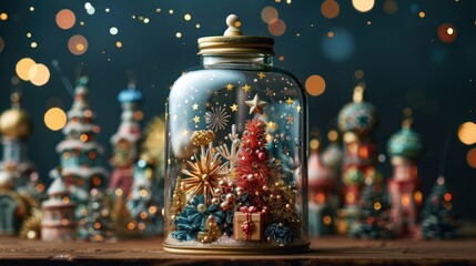 Miniature Christmas scene in a glass jar with ornaments and bokeh lights.