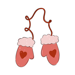 Hand drawn vector illustration of winter mittens with hearts on a cozy background