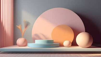 Fototapeta premium Modern minimalist 3D scene with pastel geometric shapes and soft lighting creating a calm and artistic atmosphere