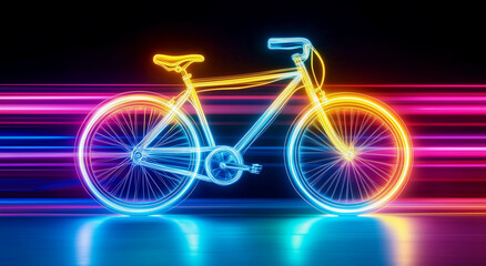 Fototapeta premium Colorful neon bicycle against a vibrant abstract light trail background.