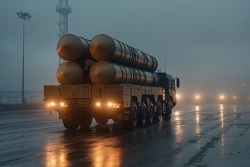 S-400 missile defense system launcher elevating missiles at a fortified military base under subdued lighting