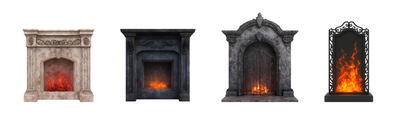 Elegant fireplaces featuring diverse designs and glowing flames.