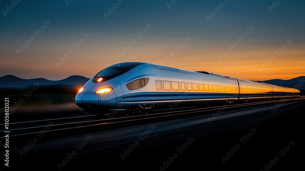 Poster high-speed train advances smoothly towards station with mountains in the background during twilight 