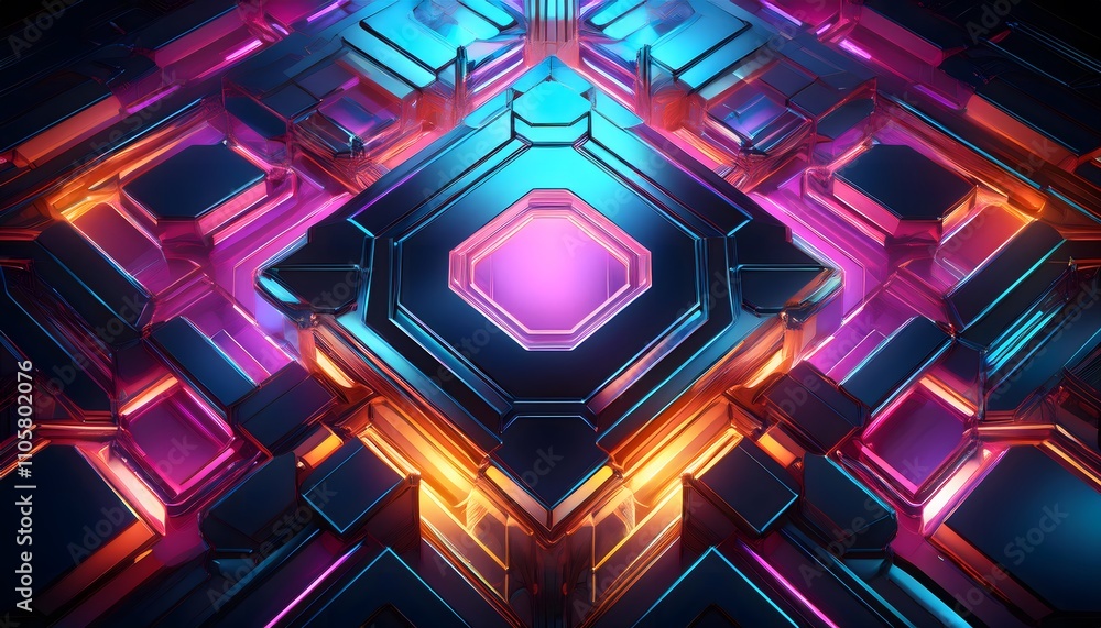 Poster futuristic digital technology backdrop with vibrant hexagonal geometric pattern in neon colors