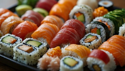Colorful sushi platter with assorted pieces.