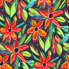 Seamless pattern with flowers.  Drawing with markers. Hand-drawn illustration.