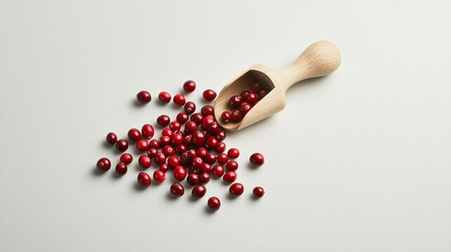 Isolated shot of a handful of cranberries with a small wooden scoop on a light gray background