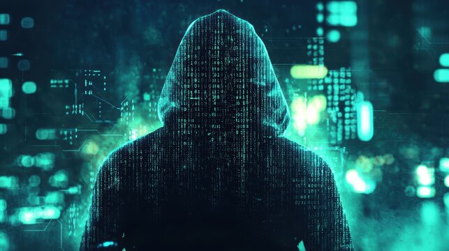 Mysterious Hacker Surrounded by Glowing Data Streams at Night