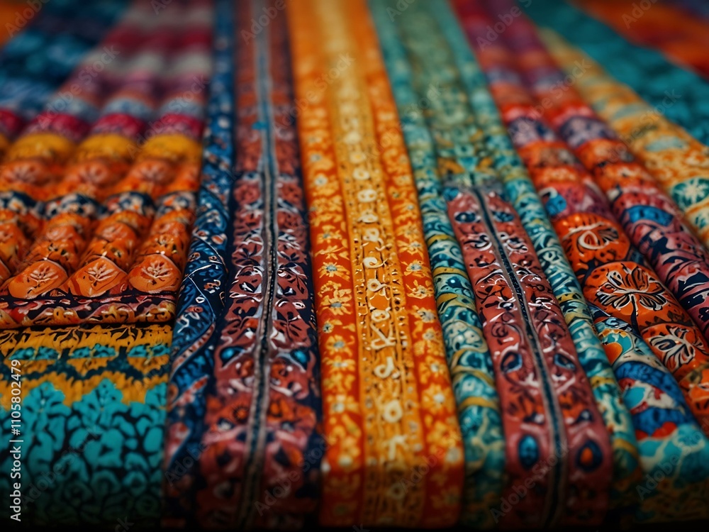 Poster colorful textile patterns arranged in rows.