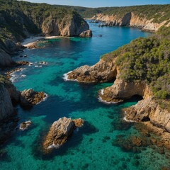 A rocky cove with small, hidden beaches, surrounded by steep cliffs and wild vegetation.


