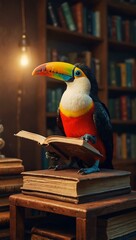Colorful toucan reading a book in a cozy setting, sparking curiosity.