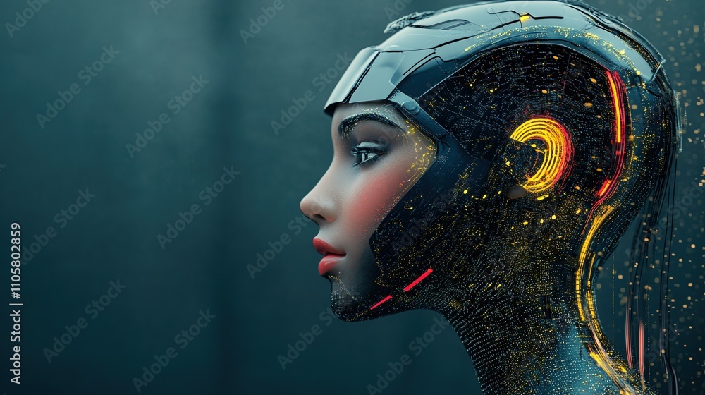 Poster innovative representation of artificial intelligence showcasing a futuristic robot head with detaile