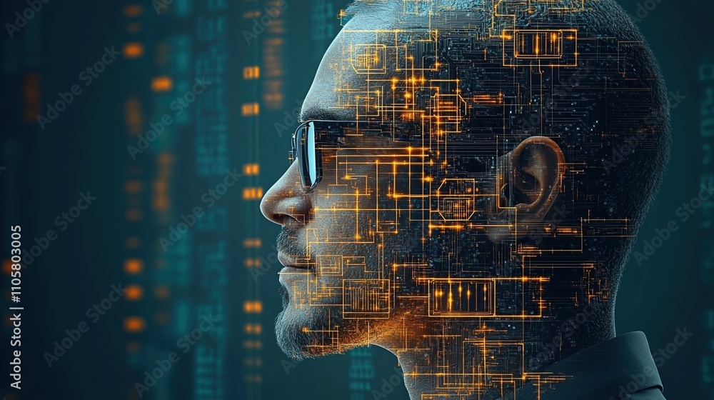 Poster exploration of artificial intelligence through a modern, futuristic representation of a person inter