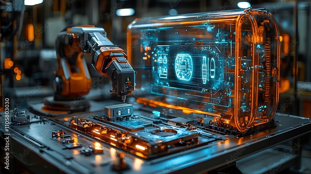 Poster robotic arm assembling product using glowing holographic guide in high tech workshop