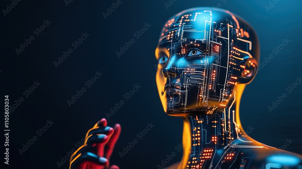 Poster exploration of artificial intelligence concepts through a futuristic humanoid figure with intricate 