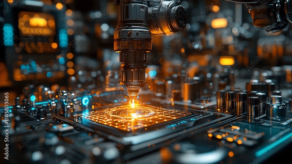 Poster robotic arm assembling product with holographic guidance in high tech workshop