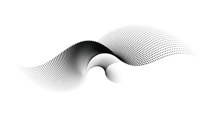 A dynamic composition of particle waves forming fluid dot curves with a halftone gradient, set against a transparent background. Ideal for technology, sound, and music, halftone vector illustration.
