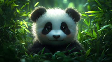 Obraz premium A cute panda cub nestled among lush green bamboo leaves, radiating innocence and charm.