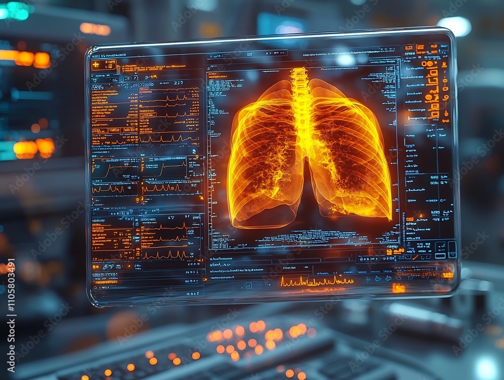 Poster holographic medical report floating in high tech hospital setting displaying patient s health data a