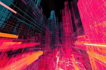 Fototapeta premium Vibrant Futuristic Fractal Abstract Digital Cityscape with Neon Lights and Dynamic Geometry