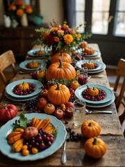 Colorful vegan Thanksgiving table setup.