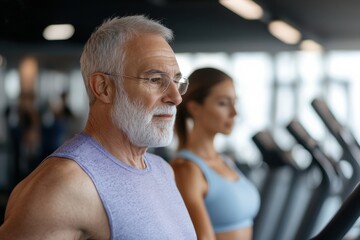 Fototapeta premium A focused elderly man and woman engage in fitness, showcasing their dedication to a healthy lifestyle in a modern gym environment, emphasizing strength and vitality.