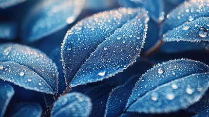 Obraz premium Extreme close-up of frost patterns on glass with a blue tone