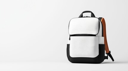 Minimalist modern backpack with white and black color scheme and brown straps, placed against a plain white background
