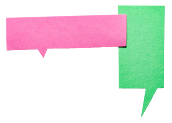 Pink green blank cut out cardboard paper speech bubbles with rough edges and copy space for text on transparent png background design element