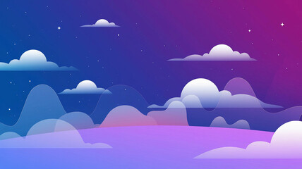 Colorful gradient background featuring stylized clouds and soft hills in shades of purple and blue