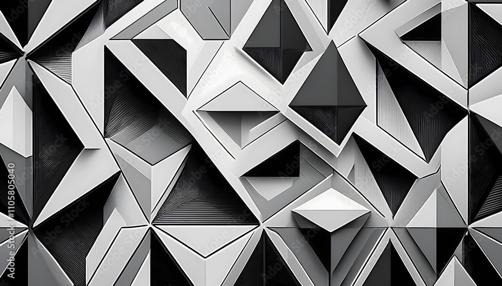 Poster abstract geometric pattern featuring sharp angles and a dynamic arrangement of contrasting black and
